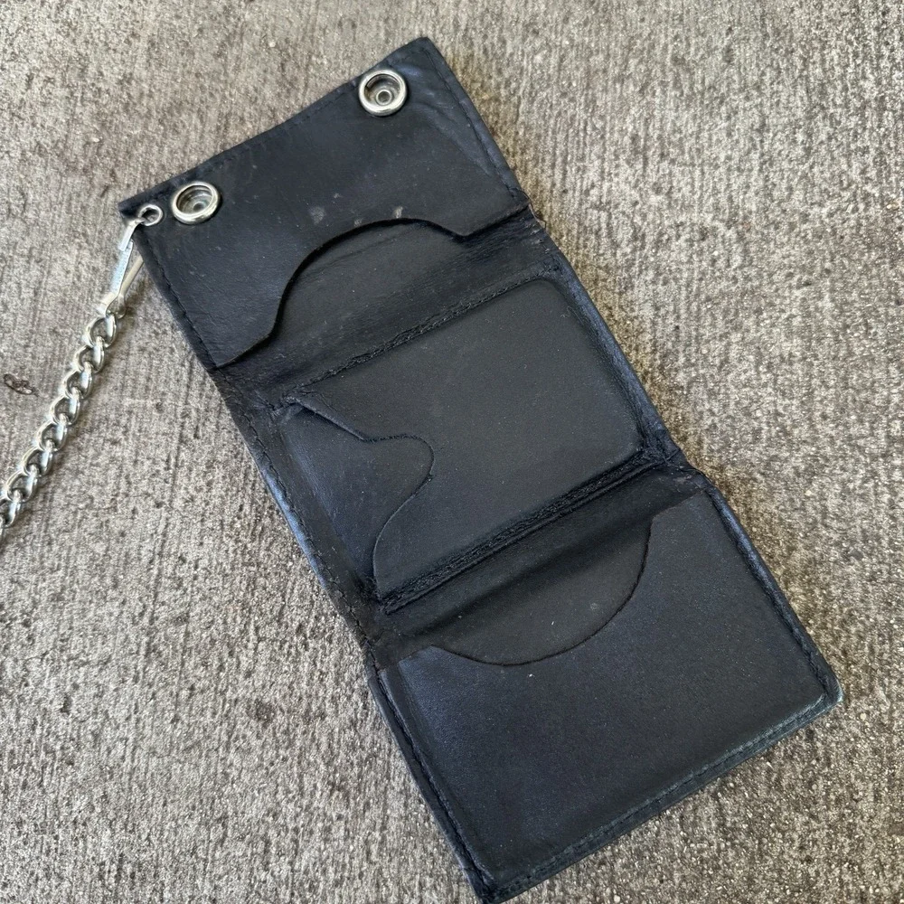 Vintage Brown Leather Chain Wallet Made in USA  Tri-Fold Snap Biker